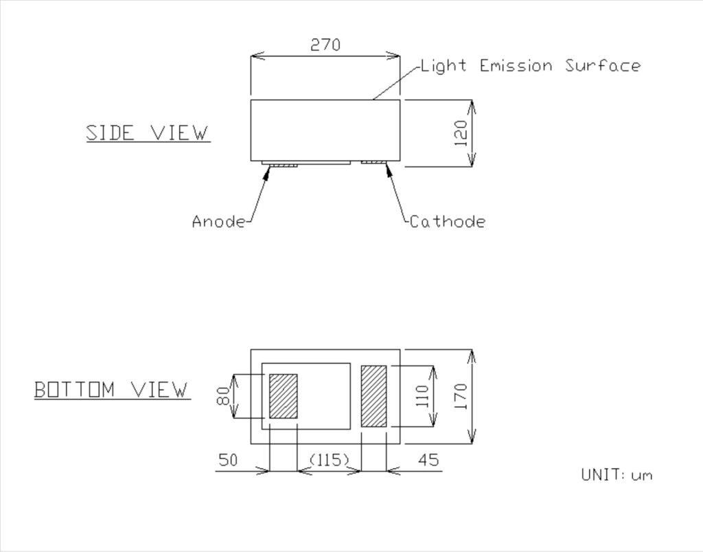 Technical diagram displaying two views of an LED. The side view shows dimensions for the anode, cathode, and light emission surface, while the bottom view includes measurements of the component layout. Dimensions are in micrometers (um).