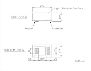 Technical diagram displaying two views of an LED. The side view shows dimensions for the anode, cathode, and light emission surface, while the bottom view includes measurements of the component layout. Dimensions are in micrometers (um).