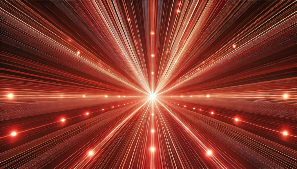 A radiant burst of light with red and gold beams extending outward in a symmetrical pattern creates a starburst effect. Small, glowing particles are scattered throughout like LED lights used in medical applications, enhancing the dynamic and vibrant composition.