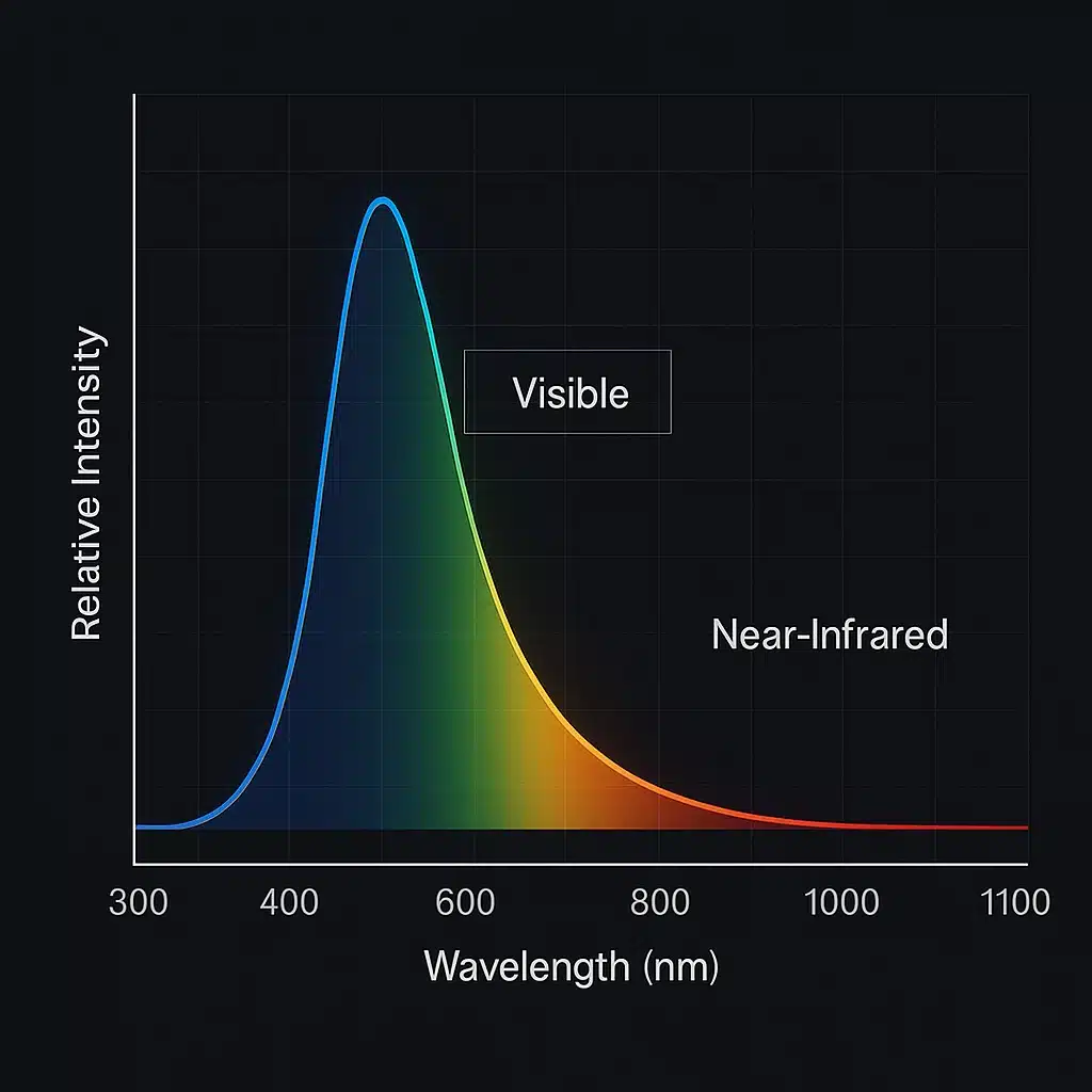Chart comparing LED emission spectra in visible vs near-infrared, showing visible peak and negligible IR