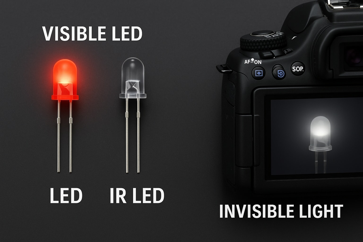 Illustration of an IR LED emitting invisible light captured by a camera, contrasted with a visible LED that glows for the human eye.