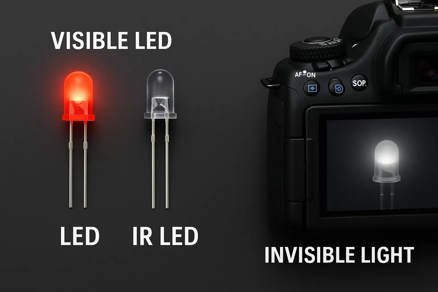 Illustration of an IR LED emitting invisible light captured by a camera, contrasted with a visible LED that glows for the human eye.