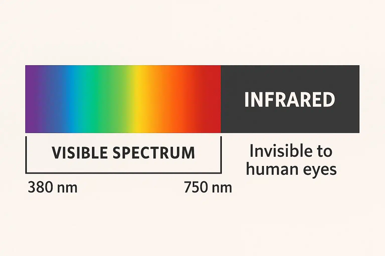Diagram comparing the visible light spectrum (around 380–750 nm) with infrared wavelengths (above 750 nm) that are invisible to human eyes.