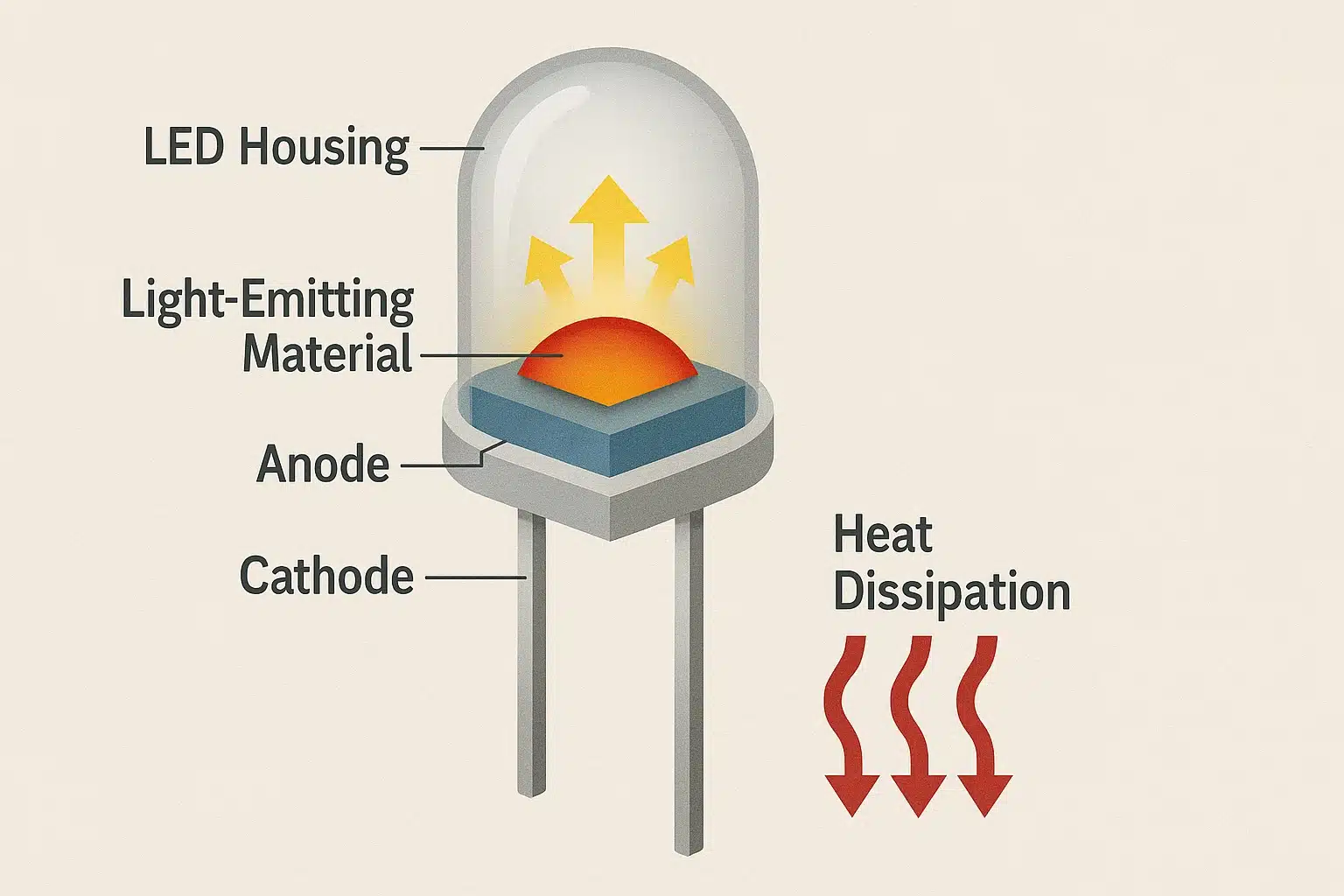 Diagram illustrating the structure of an LED and showing heat dissipation.