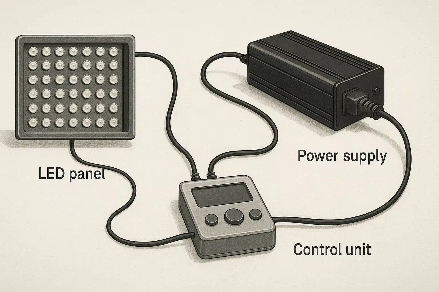 A schematic showing the basic components of an LED therapy device, including LEDs, power supply, and control unit.