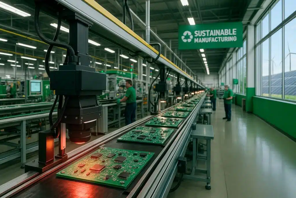 Assembly line with near-infrared LED inspection equipment showing sustainable manufacturing practices