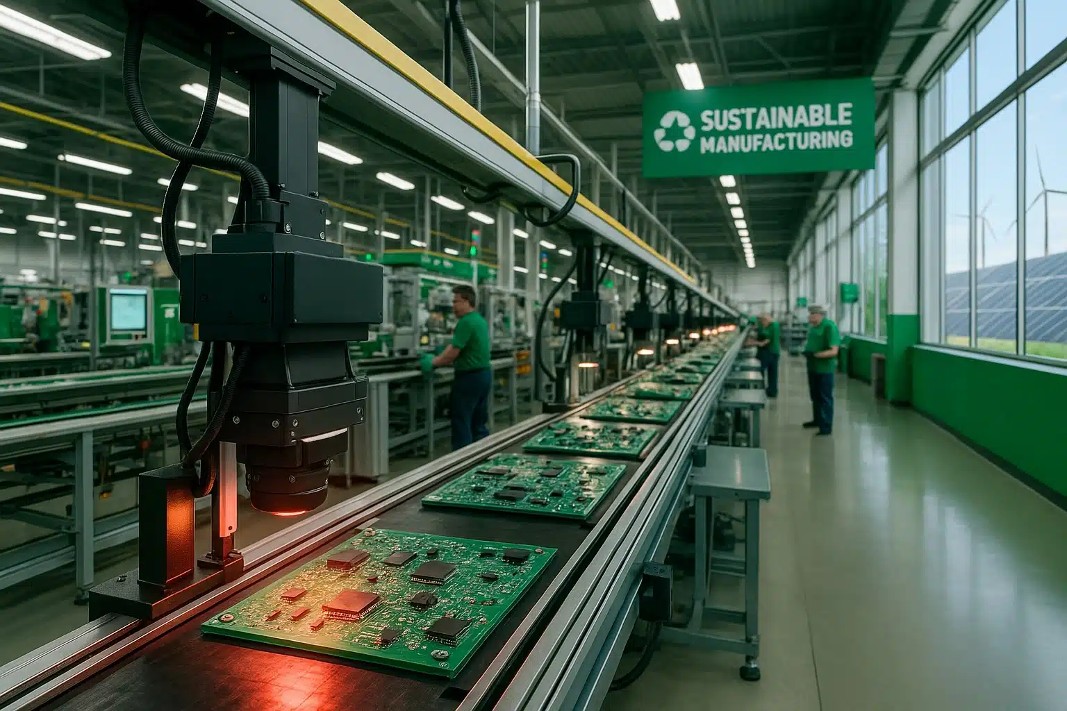 Assembly line with near-infrared LED inspection equipment showing sustainable manufacturing practices
