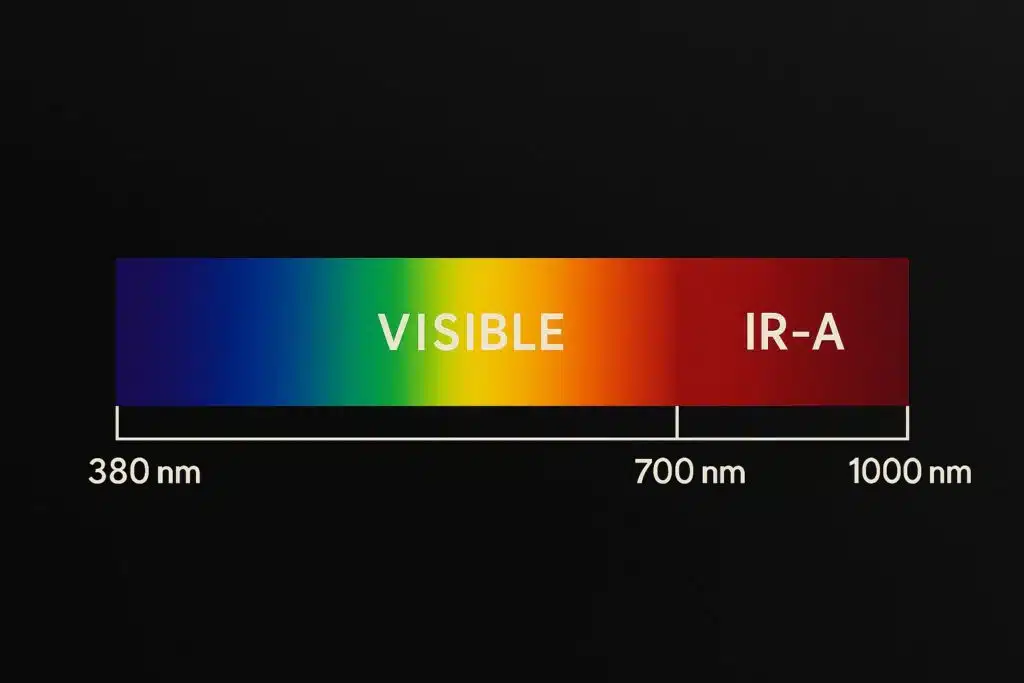 Chart showing visible light spectrum (380-700nm) with the near-infrared (IR-A) range highlighted just beyond red light.