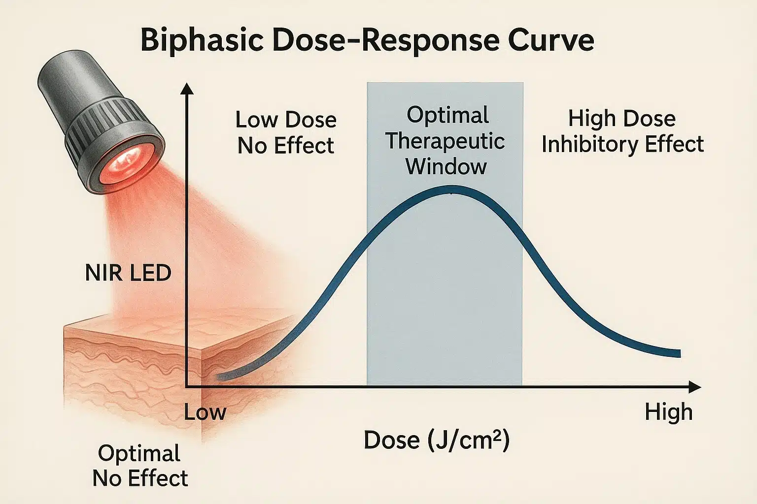 A graphic illustrating the biphasic dose response curve in photobiomodulation, showing optimal therapeutic window.