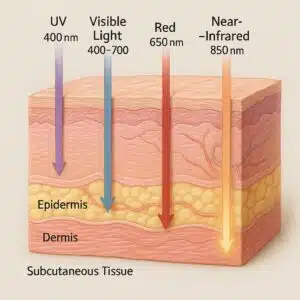 diagram showing how different wavelengths of light penetrate skin layers, with near-infrared reaching the deepest tissues.