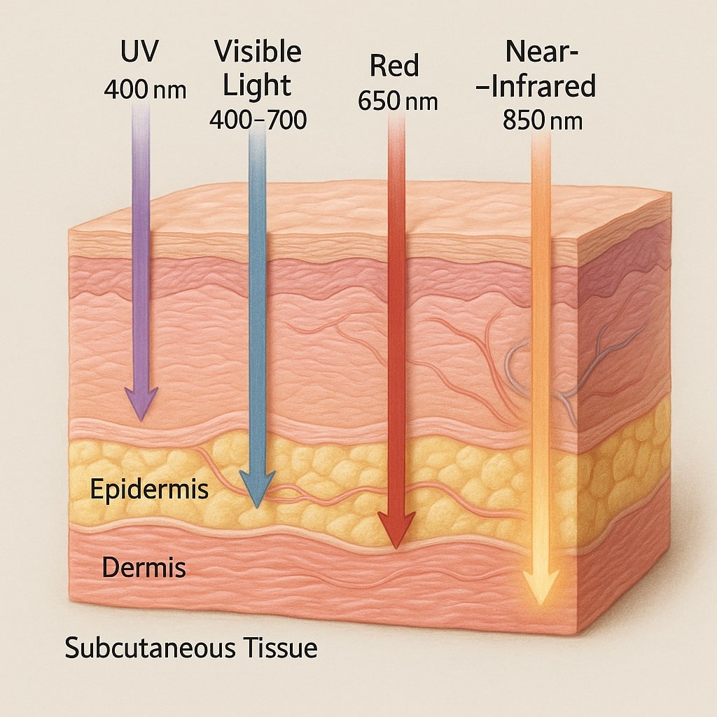 diagram showing how different wavelengths of light penetrate skin layers, with near-infrared reaching the deepest tissues.