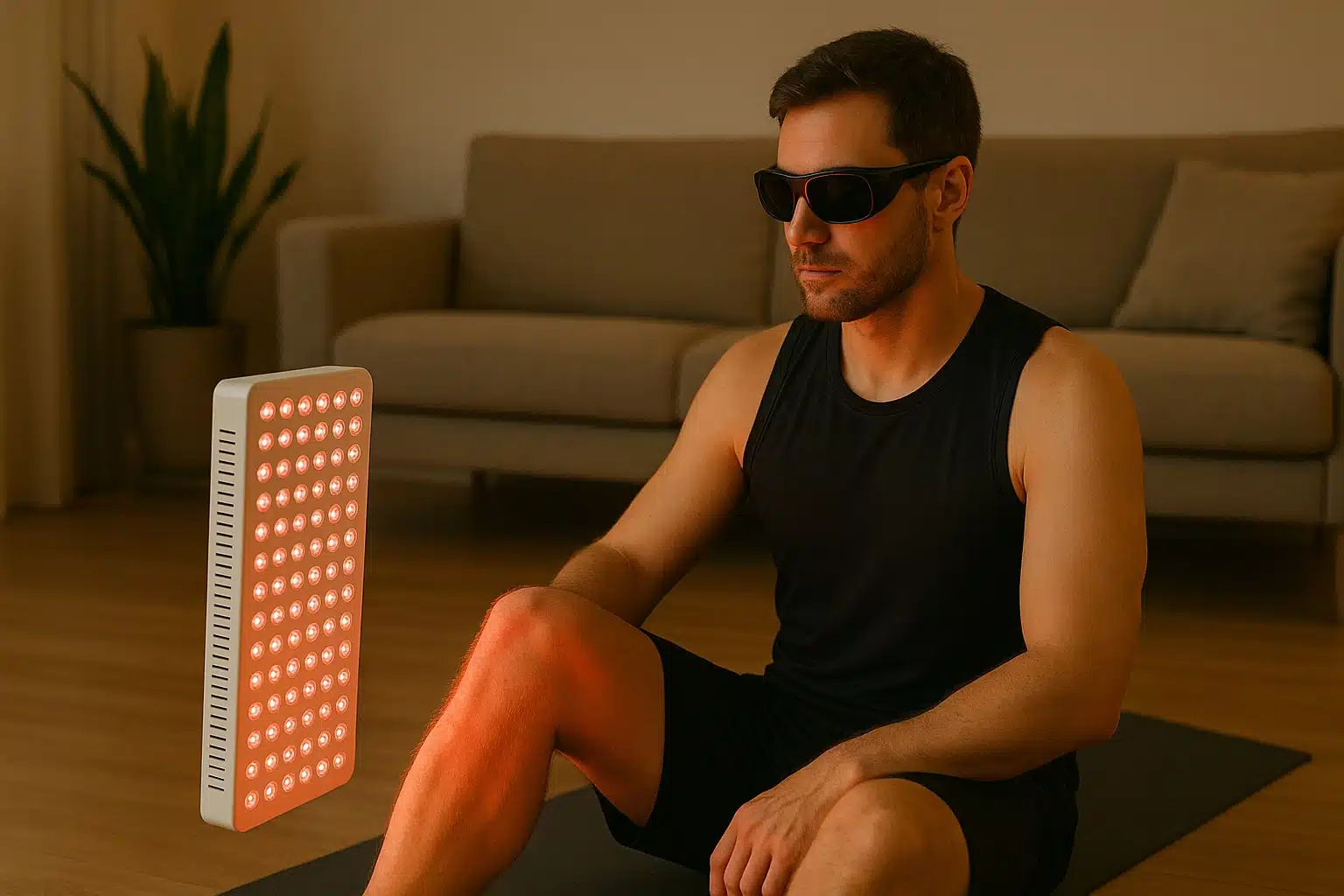 A person using a near-infrared LED panel device at home for muscle recovery, showing proper distance and eye protection.