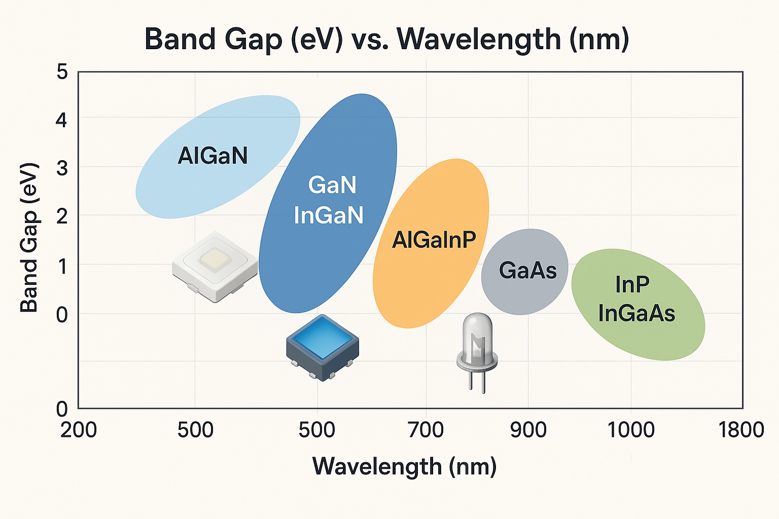 Graph plotting band gap energy in eV against wavelength in nm, showing semiconductor material regions including AlGaN for UV, GaN and InGaN for violet to green, AlGaInP for red and yellow, GaAs for NIR, and InP/InGaAs for SWIR, with LED package icons for each region.