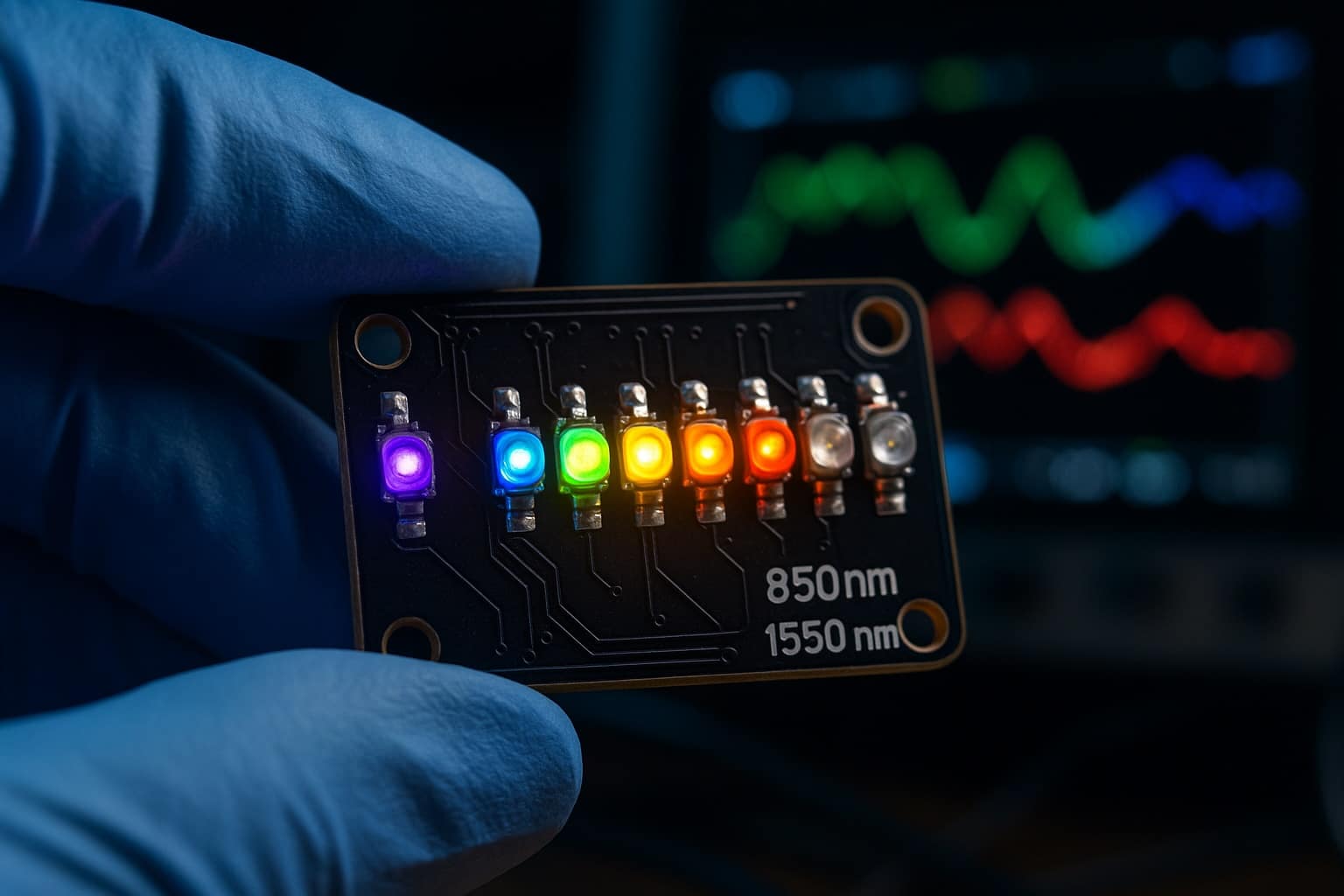Macro photo of a gloved engineer holding a small LED circuit board with LEDs glowing in a gradient of colors from violet and blue to green, yellow, and red, with infrared LEDs labeled 850 nm and 1550 nm against a blurred electronics lab background.