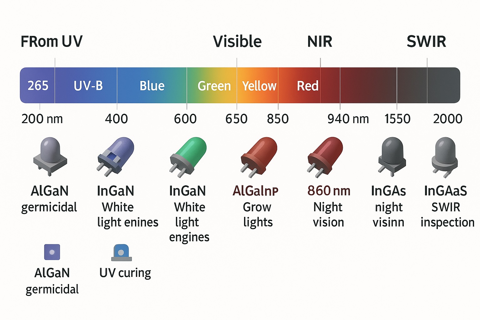 Infographic showing UV to SWIR LED spectrum from 200 nm to 2000 nm with labeled semiconductor materials including AlGaN, InGaN, AlGaInP, GaAs, and InGaAs, and LED examples at 265 nm, 365 nm, 450 nm, 530 nm, 660 nm, 850 nm, 940 nm, 1300 nm, 1550 nm, and 1750 nm.