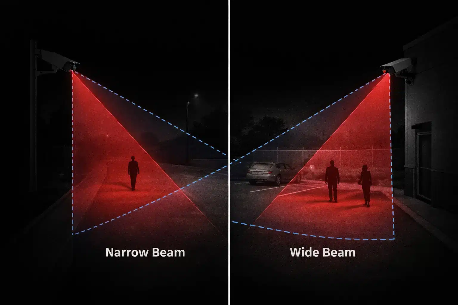 Comparison of narrow-beam and wide-beam infrared LED illumination with camera field of view overlay.